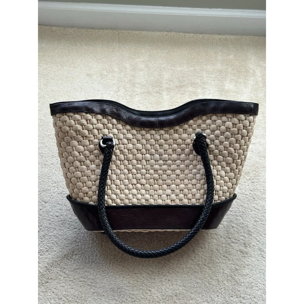 Brighton Vintage Straw Leather Tote, Floral Print Lined Purse‎ With Dust Bag